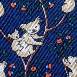 100% REAL HERMES TIE ~ BLUE w/ PLAYFUL KOALA BEAR FAMILY IN EUCALYPTUS TREES